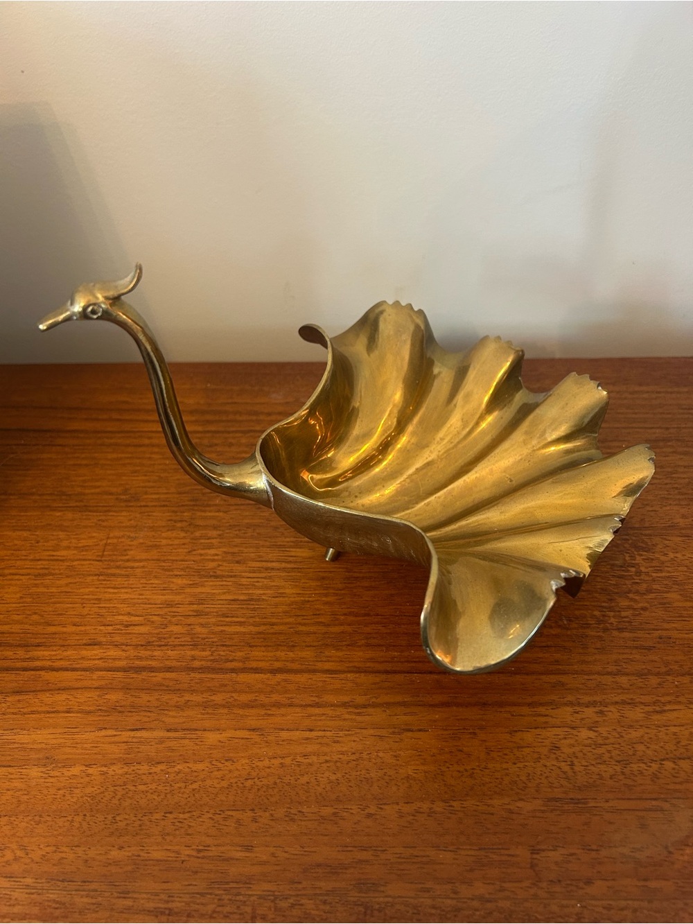 Brass Swan / Peacock Trinket Dish Gold Decorative Catchall MCM Mid Century Decor